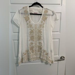 Johnny Was White and Tan Embroidered Blouse